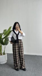 Ekose Palazzo Pantolon - Kahve - Görsel 5