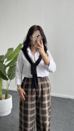 Ekose Palazzo Pantolon - Kahve - Görsel 2