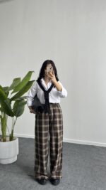 Ekose Palazzo Pantolon - Kahve - Görsel 4