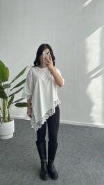 Elly Dantelli Kombine Tişört - Beyaz