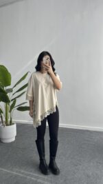 Elly Dantelli Kombine Tişört - Ekru