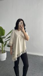 Elly Dantelli Kombine Tişört - Ekru - Görsel 2