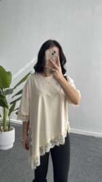 Elly Dantelli Kombine Tişört - Ekru - Görsel 6