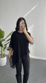Elly Dantelli Kombine Tişört - Siyah - Görsel 2