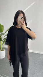 Elly Dantelli Kombine Tişört - Siyah - Görsel 4