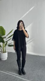 Elly Dantelli Kombine Tişört - Siyah