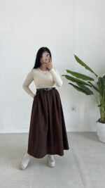 Eteği Poplin Bodyli Maxi Boy Kemerli Elbise - Kahve - Görsel 7