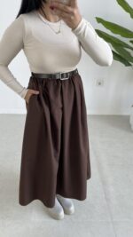 Eteği Poplin Bodyli Maxi Boy Kemerli Elbise - Kahve - Görsel 6