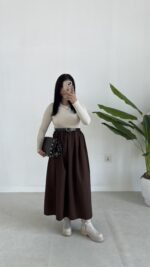 Eteği Poplin Bodyli Maxi Boy Kemerli Elbise - Kahve