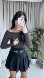 Evia Kaşkorse Madonna Yaka Bluz Kahverengi - Görsel 4