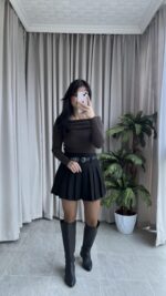 Evia Kaşkorse Madonna Yaka Bluz Kahverengi - Görsel 5