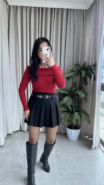 Evia Kaşkorse Madonna Yaka Bluz Kırmızı