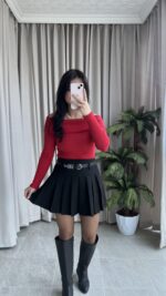 Evia Kaşkorse Madonna Yaka Bluz Kırmızı - Görsel 2