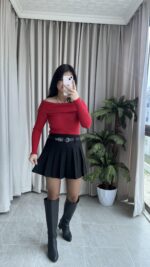 Evia Kaşkorse Madonna Yaka Bluz Kırmızı - Görsel 6