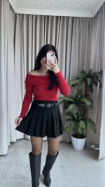 Evia Kaşkorse Madonna Yaka Bluz Kırmızı - Görsel 4