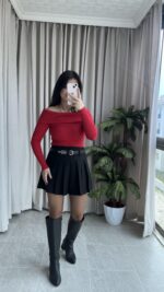 Evia Kaşkorse Madonna Yaka Bluz Kırmızı - Görsel 7