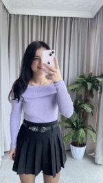 Evia Kaşkorse Madonna Yaka Bluz Lila - Görsel 3