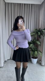 Evia Kaşkorse Madonna Yaka Bluz Lila - Görsel 7