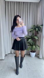 Evia Kaşkorse Madonna Yaka Bluz Lila - Görsel 4