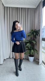 Evia Kaşkorse Madonna Yaka Bluz Mavi