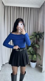 Evia Kaşkorse Madonna Yaka Bluz Mavi - Görsel 7