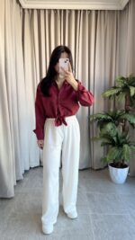 Eyra Oversize Pamuk Saten Gömlek Bordo