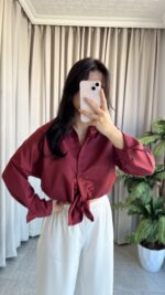 Eyra Oversize Pamuk Saten Gömlek Bordo - Görsel 2