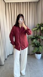 Eyra Oversize Pamuk Saten Gömlek Bordo - Görsel 4