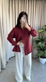 Eyra Oversize Pamuk Saten Gömlek Bordo - Görsel 3