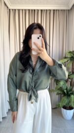 Eyra Oversize Pamuk Saten Gömlek Haki - Görsel 5