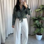 Eyra Oversize Pamuk Saten Gömlek Haki