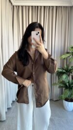 Eyra Oversize Pamuk Saten Gömlek Kahverengi - Görsel 3