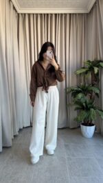 Eyra Oversize Pamuk Saten Gömlek Kahverengi - Görsel 5