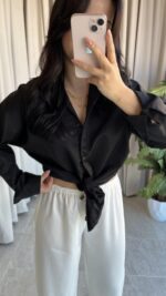 Eyra Oversize Pamuk Saten Gömlek Siyah - Görsel 5