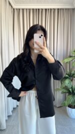 Eyra Oversize Pamuk Saten Gömlek Siyah - Görsel 4