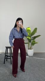 Fancy Düğmeli Crep Pantolon - Bordo - Görsel 3