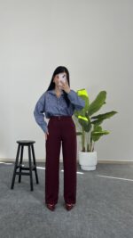 Fancy Düğmeli Crep Pantolon - Bordo - Görsel 2