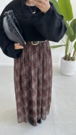 Farey Ekose Desen Şifon Etek - Kahve - Görsel 5