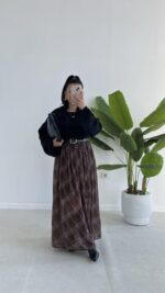 Farey Ekose Desen Şifon Etek - Kahve