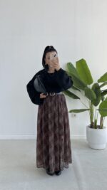 Farey Ekose Desen Şifon Etek - Kahve - Görsel 3