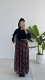 Farey Ekose Desen Şifon Etek - Mürdüm - Görsel 3