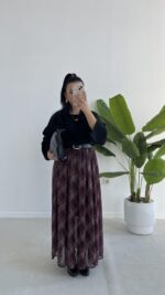 Farey Ekose Desen Şifon Etek - Mürdüm - Görsel 4