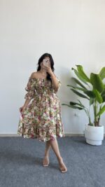 Flora Gipeli Karpuz Kol Midi Elbise - Yeşil - Görsel 5