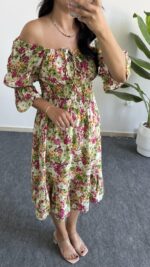 Flora Gipeli Karpuz Kol Midi Elbise - Yeşil - Görsel 7