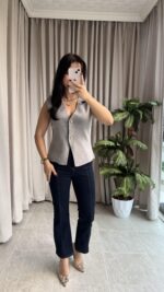 Gold Düğmeli Çelik Triko Yelek Gri - Görsel 2