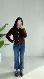 Gold Kalp Düğmeli Triko Hırka - Acı Kahve - Görsel 2