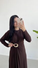Gold Toka Detaylı Elbise - Acı Kahve - Görsel 3