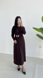 Gold Toka Detaylı Elbise - Acı Kahve - Görsel 6