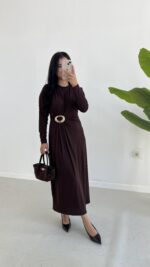 Gold Toka Detaylı Elbise - Acı Kahve