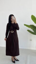 Gold Toka Detaylı Elbise - Acı Kahve - Görsel 4